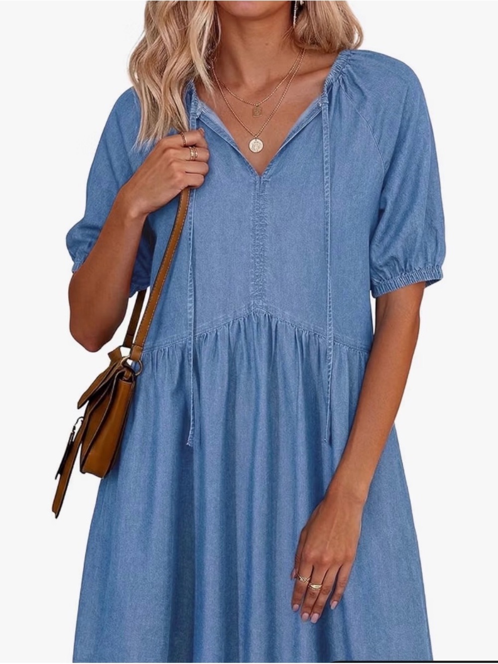 Light Blue Denim Midi Dress with V-Neck and Puff Sleeves